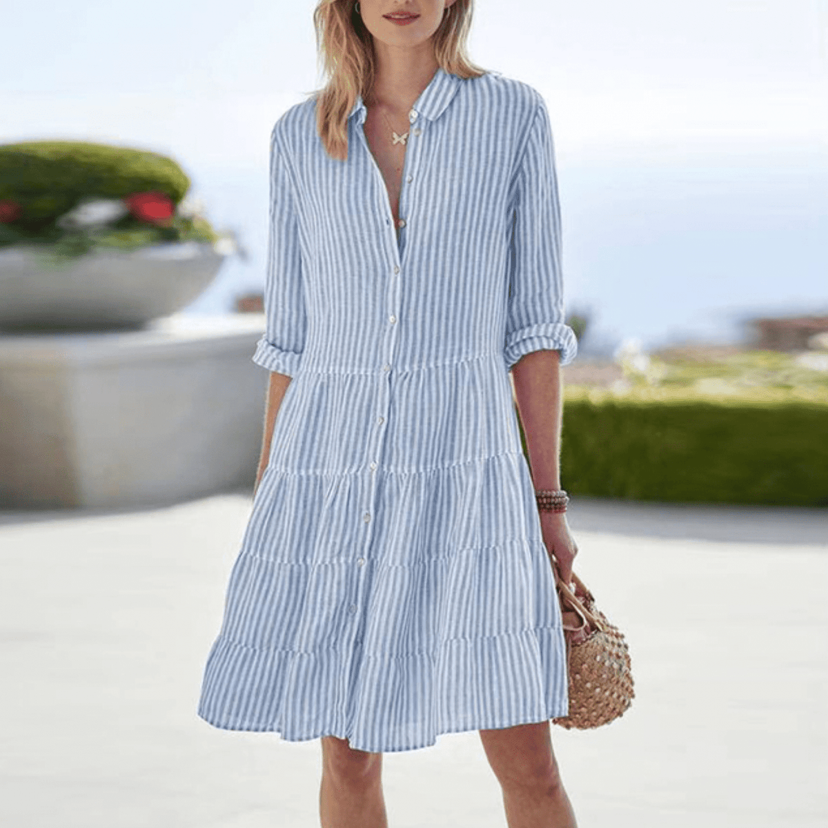 Damen Kleid | Streifen Knopfleiste Hemd