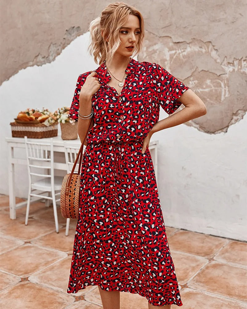 Damen Kleid | Kurzarm Bindegürtel Midi