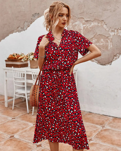 Damen Kleid | Kurzarm Bindegürtel Midi