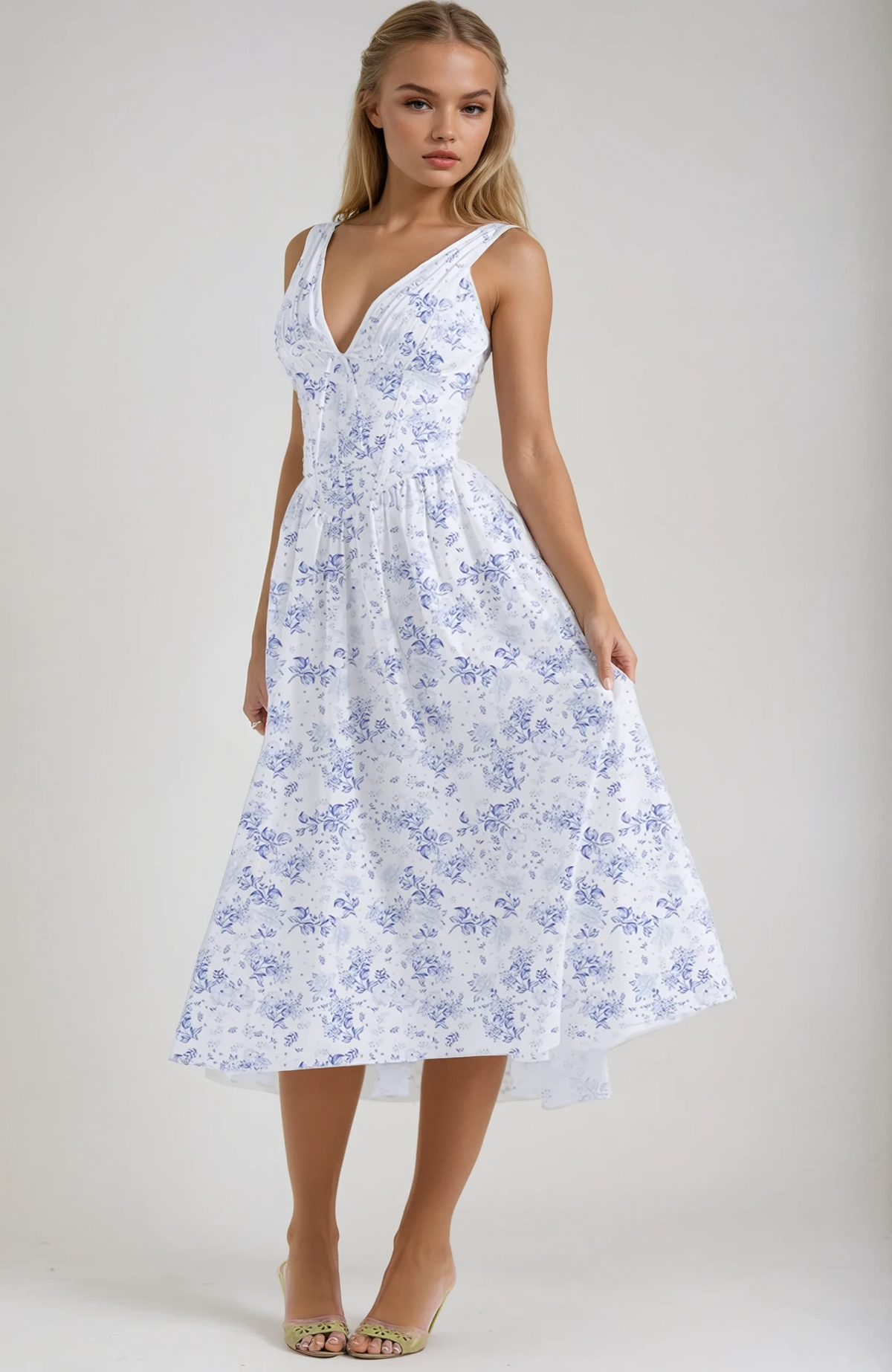 Damen Kleid | Blumenmuster V-Ausschnitt Midi