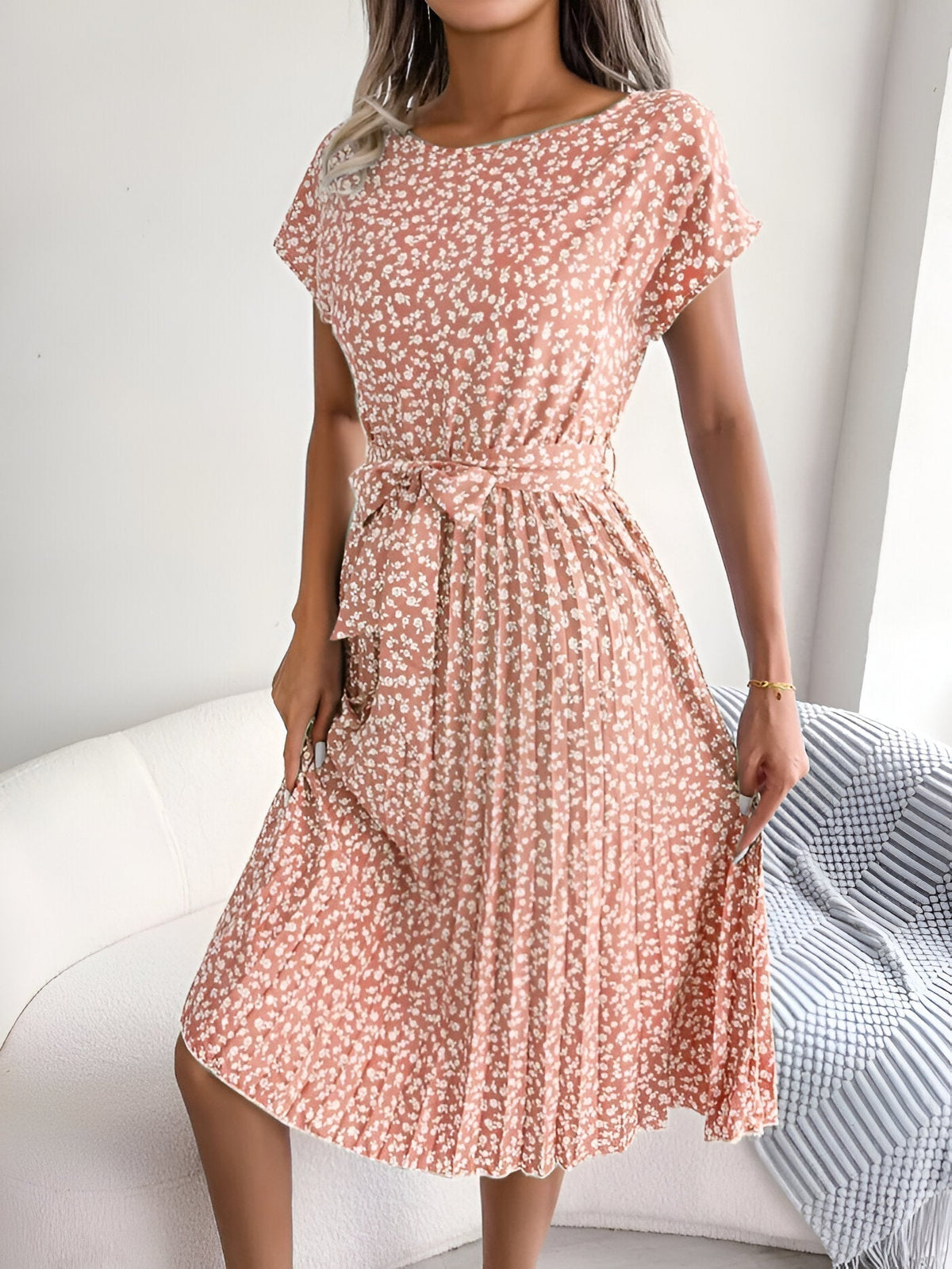 Damen Kleid | Plissee Bindegürtel Midi