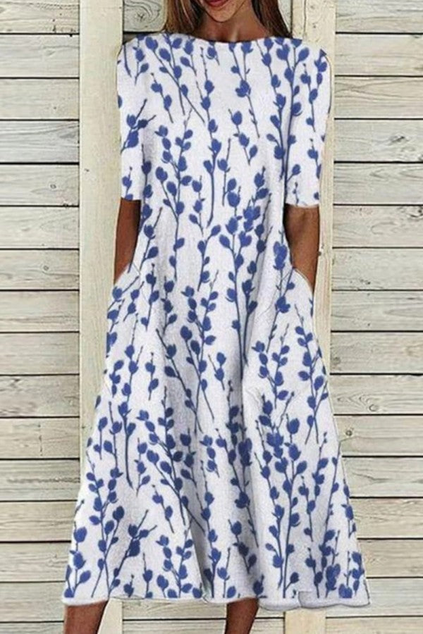 Damen Kleid | Print Rundhals Halbarm Midi