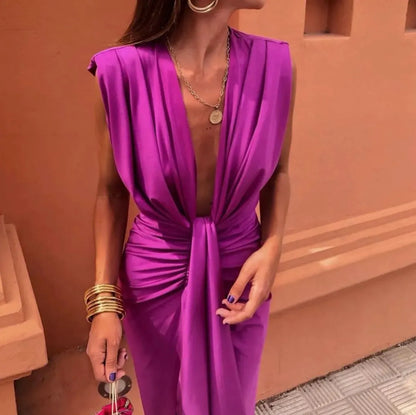 Damen Kleid | Tief V-Ausschnitt Schlitz Midi
