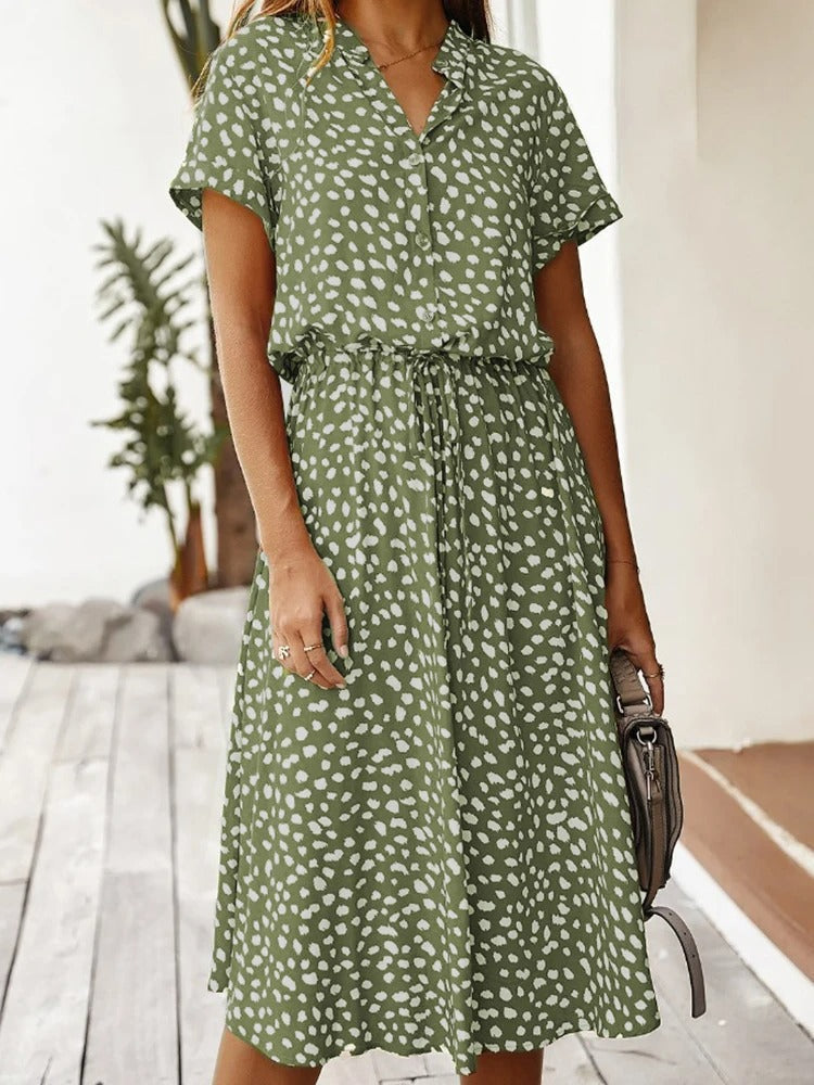 Damen Kleid | Kurzarm Bindegürtel Midi