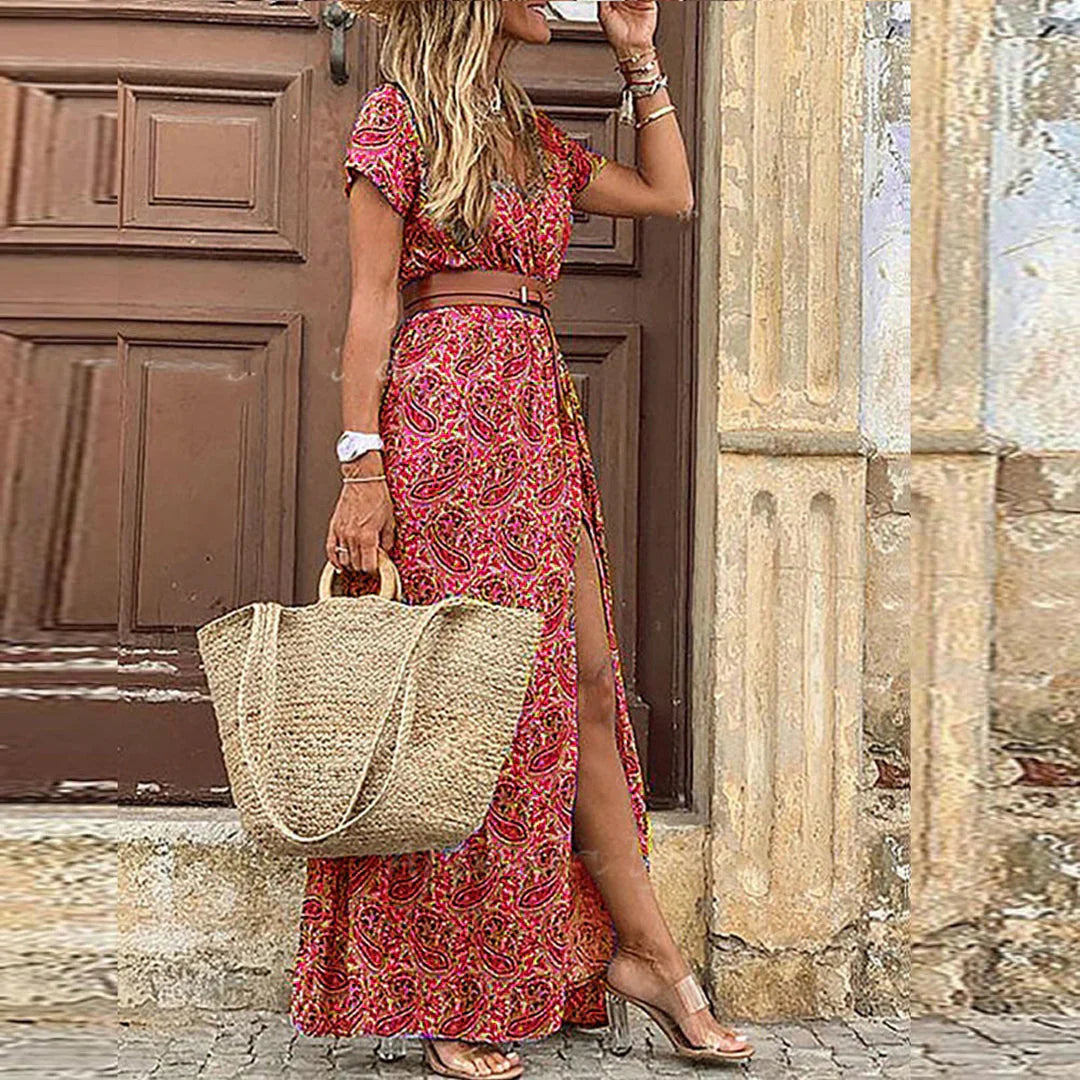 Damen Kleid | Boho V-Ausschnitt Schlitz Maxi