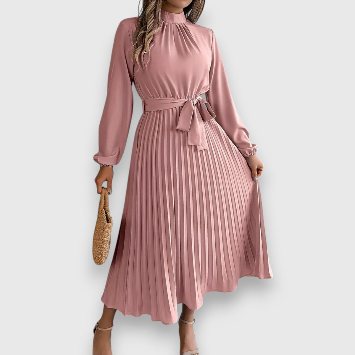 Damen Kleid | Stehkragen Plissee Midi