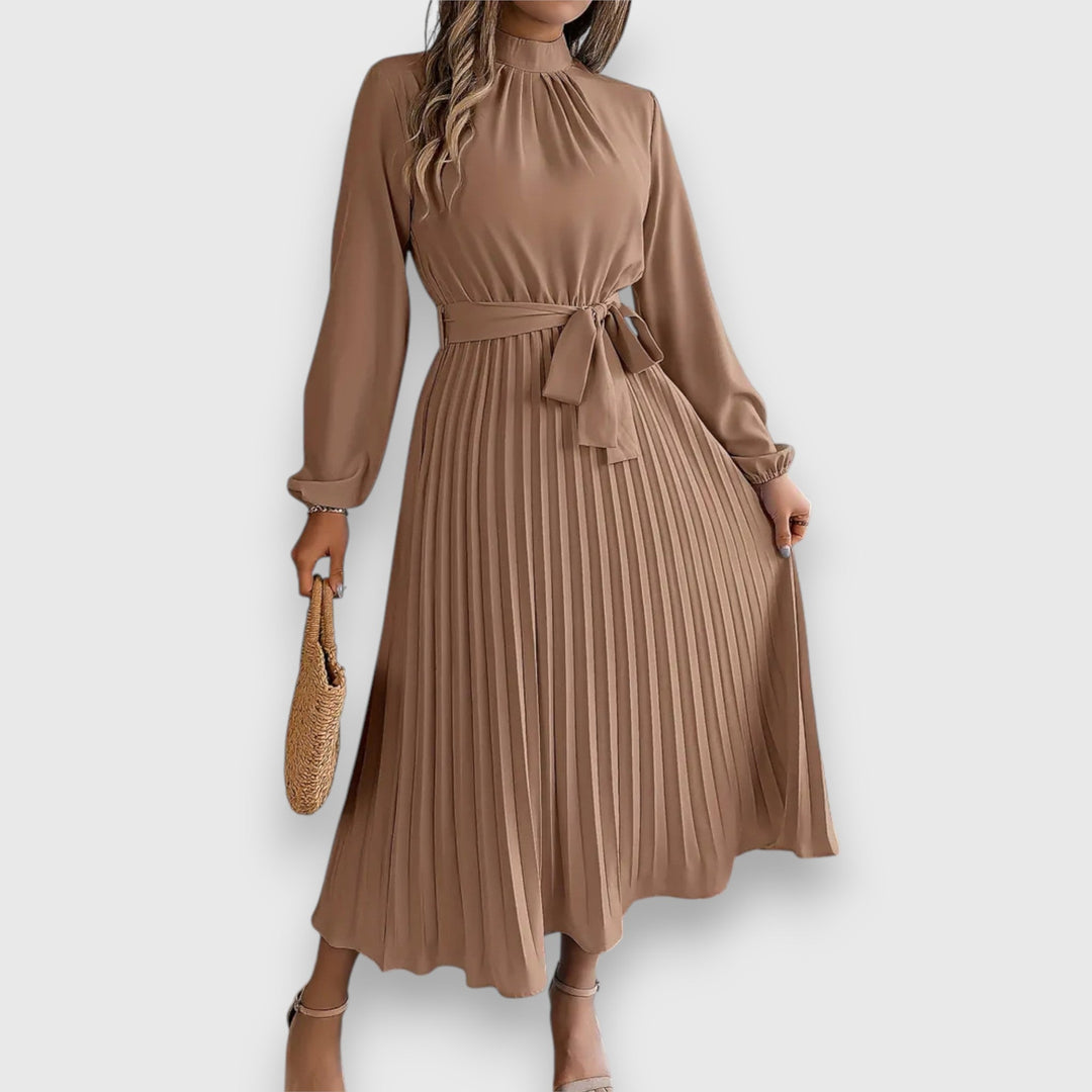 Damen Kleid | Stehkragen Plissee Midi