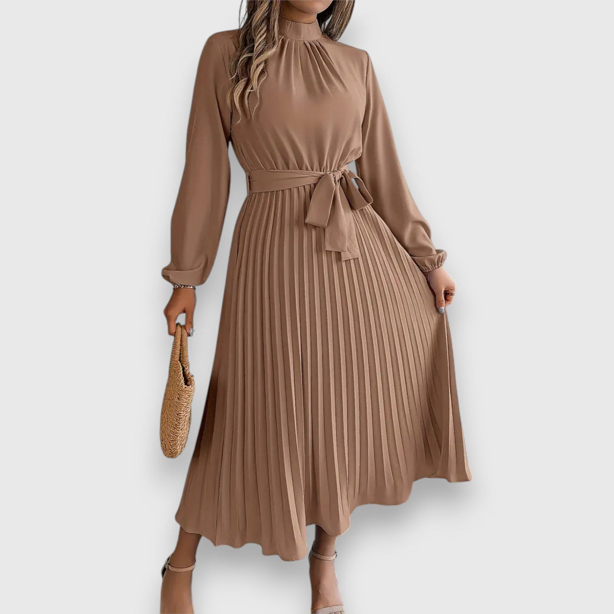 Damen Kleid | Stehkragen Plissee Midi
