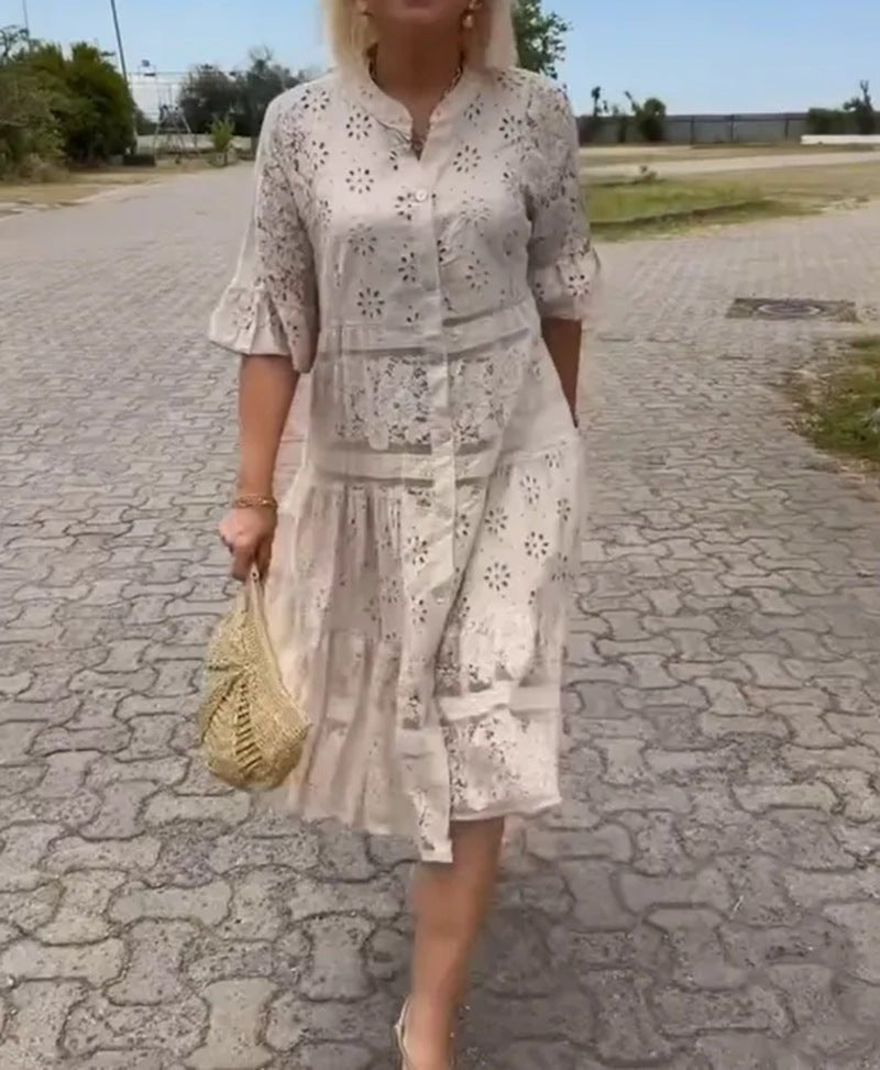 Damen Kleid | Bestickt V-Ausschnitt Midi