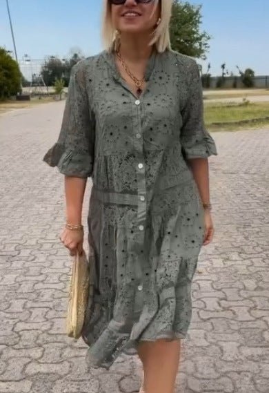 Damen Kleid | Bestickt V-Ausschnitt Midi