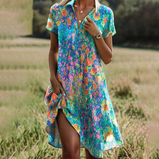 Damen Kleid | Lässiges Print Kurzarm Midi