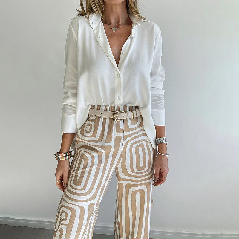 Damen-Zweiteiler | Bluse und gemusterte Hose