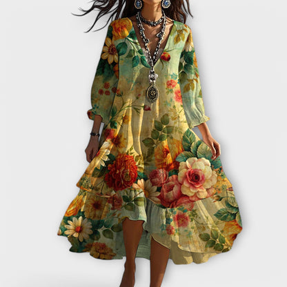 Damen Kleid | Blumenmuster Langarm V-Ausschnitt