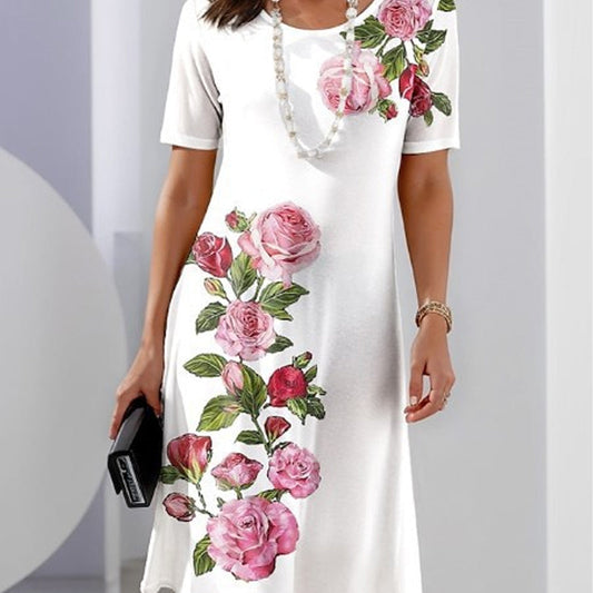 Damen Kleid | Blumenprint Kurzarm Knielänge
