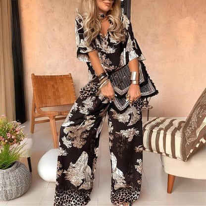 Damen Zweiteiler | V-Ausschnitt-Bluse und Weite Hose