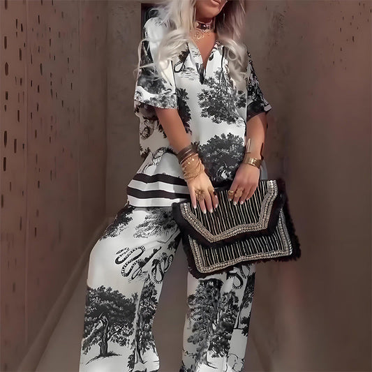 Damen Zweiteiler | V-Ausschnitt-Bluse und Weite Hose